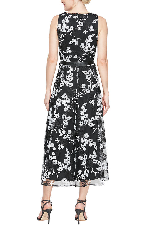 Sleeveless Embroidered Stretch Tulle Dress with High/Low Hem & Tie Belt