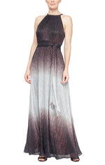 Long Ombre Metallic Knit Halter Neck A-Line Dress with Tie Belt