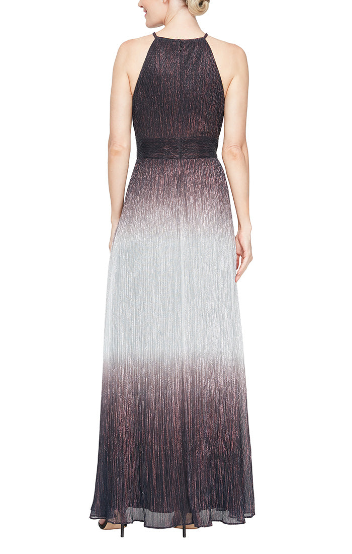 Long Ombre Metallic Knit Halter Neck A-Line Dress with Tie Belt