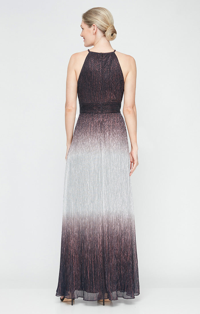 Long Ombre Metallic Knit Halter Neck A-Line Dress with Tie Belt