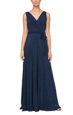 Plus Long Glitter Mesh Sleeveless Surplice Neckline Dress with A-Line Skirt & Tie Belt