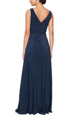 Plus Long Glitter Mesh Sleeveless Surplice Neckline Dress with A-Line Skirt & Tie Belt