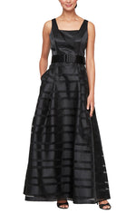 Long Scoop Neck Dress with Organza A-Line Skirt and Belt