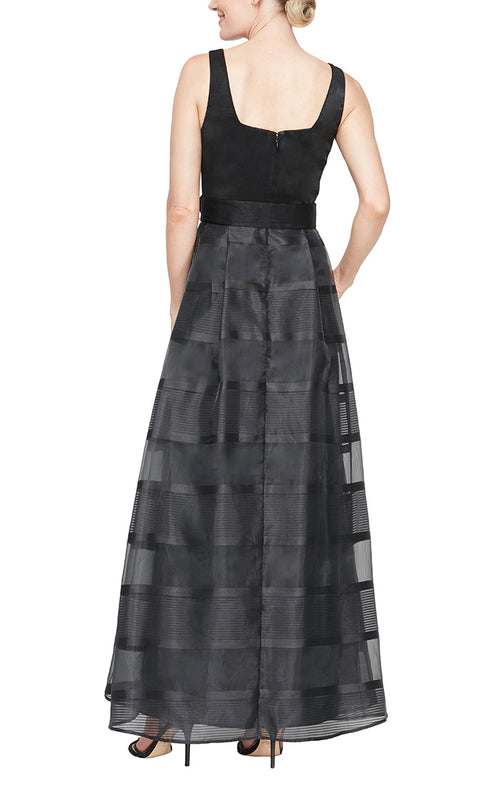 Long Scoop Neck Dress with Organza A-Line Skirt and Belt