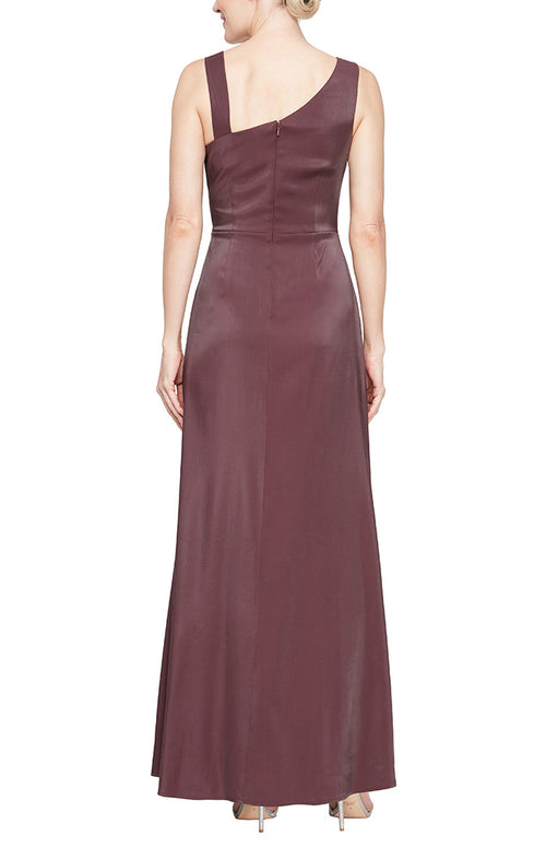 Long Sleeveless L-Neck Shimmer Satin Gown with Wrap Front Slit Skirt