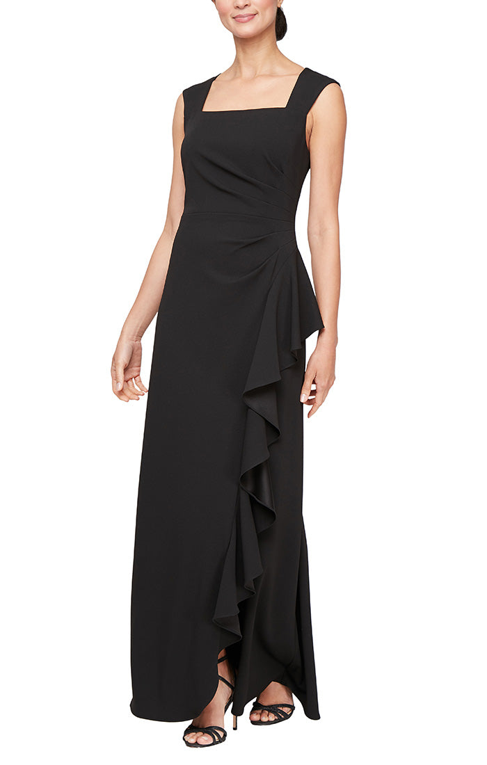 Long Square Neck Crepe Dress with Cascade Ruffle Detail