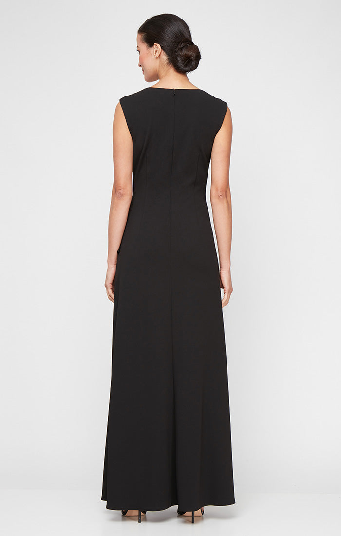 Long Square Neck Crepe Dress with Cascade Ruffle Detail