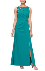 Long Sleeveless Dress with Embellished 3-D Flower Detail on Bodice