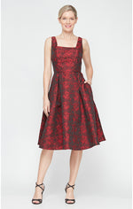 Midi Printed Jacquard Dress with Square Neckline & Full Skirt