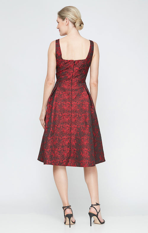 Midi Printed Jacquard Dress with Square Neckline & Full Skirt