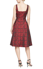 Midi Printed Jacquard Dress with Square Neckline & Full Skirt