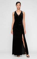 Regular - Halter Neck Velvet Dress with Illusion Inset Neckline, Beaded Hip & Front Slit