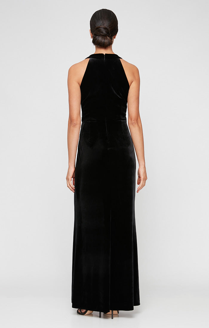 Regular - Halter Neck Velvet Dress with Illusion Inset Neckline, Beaded Hip & Front Slit