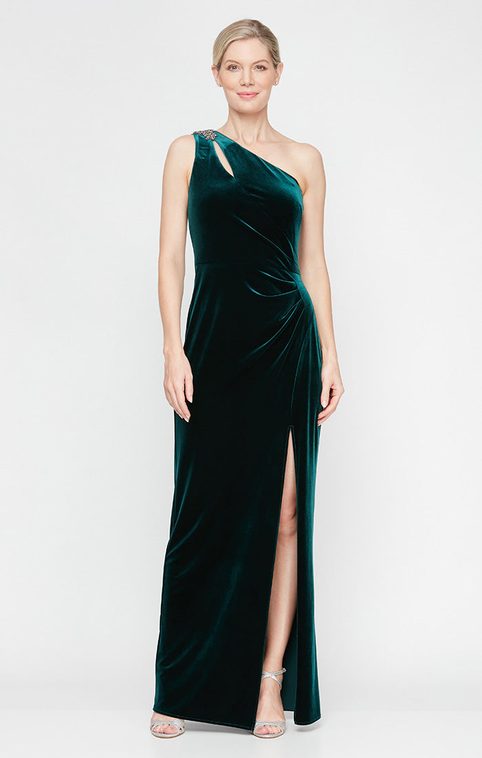 Regular - One Shoulder Velvet Dress with Ruched waist & Beaded Trim On Shoulder