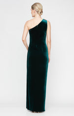 One Shoulder Velvet Dress with Ruched waist & Beaded Trim On Shoulder