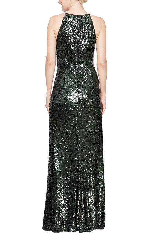 Long Sequin Gown with Halter Neckline and Front Slit