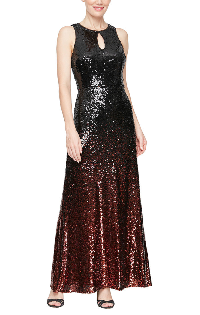 Long Sleeveless Ombre Sequin Gown with Keyhole Cutout Neckline