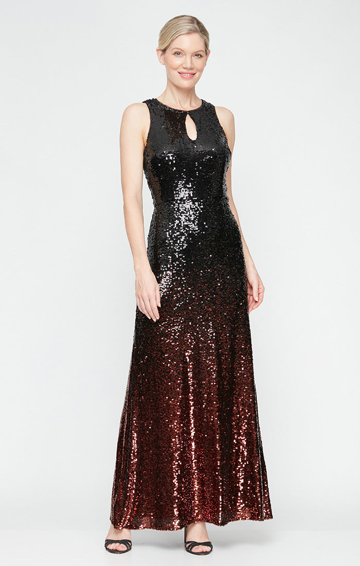 Long Sleeveless Ombre Sequin Gown with Keyhole Cutout Neckline