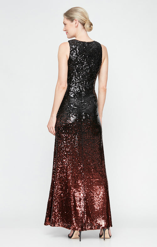 Long Sleeveless Ombre Sequin Gown with Keyhole Cutout Neckline