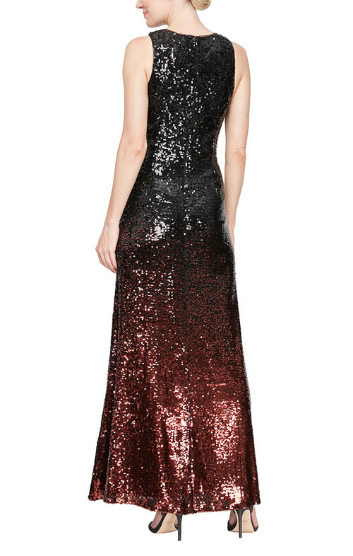 Long Sleeveless Ombre Sequin Gown with Keyhole Cutout Neckline