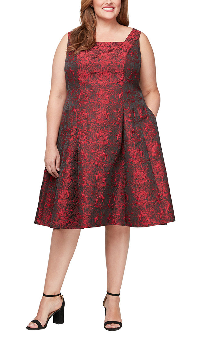 Plus Midi Printed Jacquard Dress with Square Neckline & Full Skirt