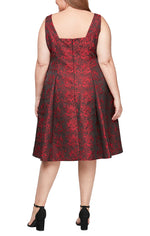 Plus Midi Printed Jacquard Dress with Square Neckline & Full Skirt