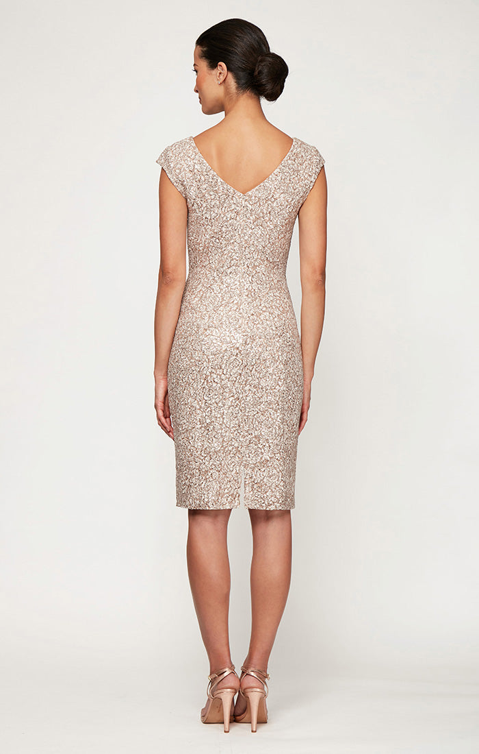 Short Cap Sleeve Corded Lace with Sequin Detail V-Neck Sheath Dress