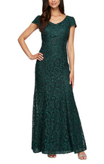 Petite Long V-Neck Fit & Flare Corded Lace Gown with Cap Sleeves