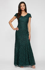 Petite Long V-Neck Fit & Flare Corded Lace Gown with Cap Sleeves