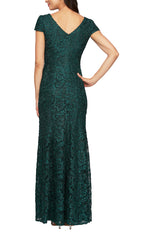 Petite Long V-Neck Fit & Flare Corded Lace Gown with Cap Sleeves