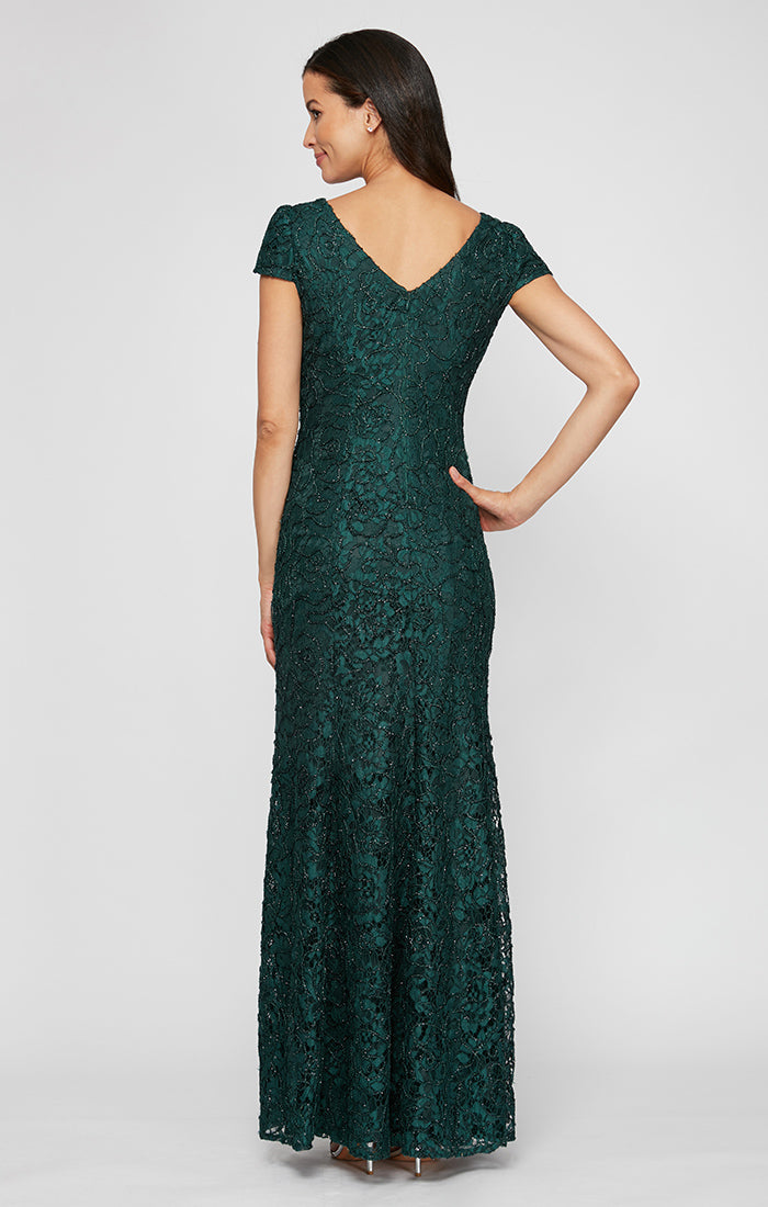 Petite Long V-Neck Fit & Flare Corded Lace Gown with Cap Sleeves