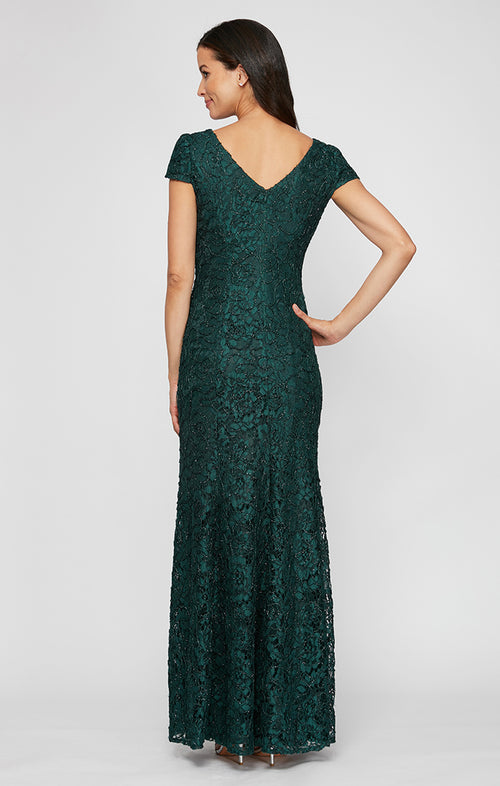 Long Corded Lace V-Neck Fit and Flare Dress with Cap Sleeves