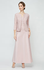 Long Lace & Satin Jacket Dress with Open Jacket and Scoop Neck Bodice