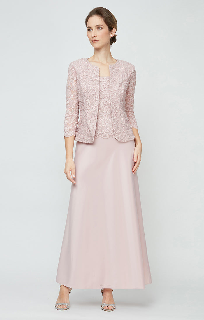 Long Lace & Satin Jacket Dress with Open Jacket and Scoop Neck Bodice