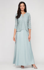 Petite Long Lace & Satin Jacket Gown with Open Jacket and Scoop Neck Bodice