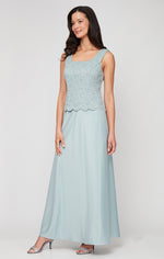 Petite Long Lace & Satin Jacket Gown with Open Jacket and Scoop Neck Bodice