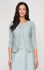 Petite Long Lace & Satin Jacket Gown with Open Jacket and Scoop Neck Bodice