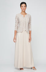 Long Lace & Satin Jacket Dress with Open Jacket and Scoop Neck Bodice