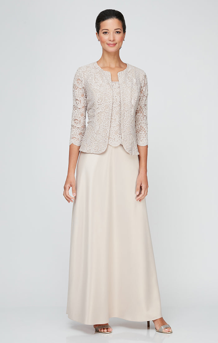 Long Lace & Satin Jacket Dress with Open Jacket and Scoop Neck Bodice