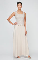 Long Lace & Satin Jacket Dress with Open Jacket and Scoop Neck Bodice