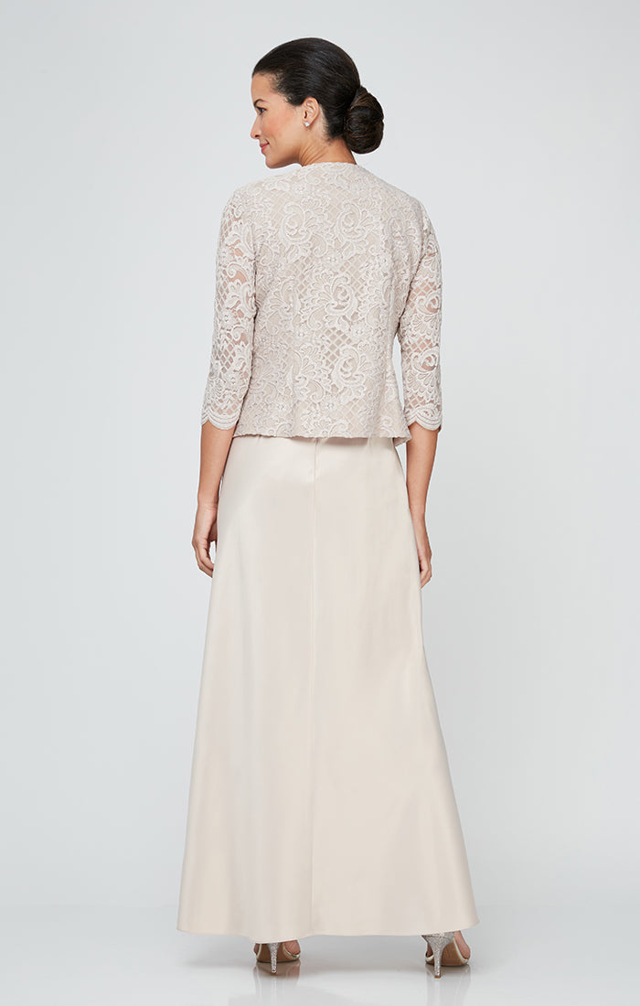 Long Lace & Satin Jacket Dress with Open Jacket and Scoop Neck Bodice