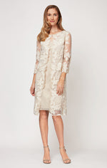 Midi Embroidered Mock Jacket Dress with Attached Jacket & Chiffon Tank Dress