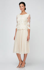 Tea-Length Embroidered Mock Dress with Illusion Sleeves, Scallop Detail and Full Skirt