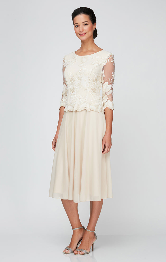 Tea-Length Embroidered Mock Dress with Illusion Sleeves, Scallop Detail and Full Skirt