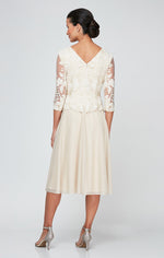 Tea-Length Embroidered Mock Dress with Illusion Sleeves, Scallop Detail and Full Skirt