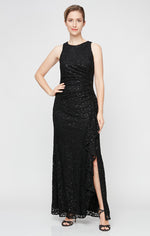 Petite Long Sleeveless Lace Dress with Cascade Ruffle Front Slit Detail