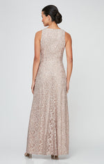 Long Sleeveless Sequin Lace Dress with Cascade Ruffle Front Slit Detail