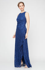 Regular - Long Sleeveless Lace Dress with Cascade Ruffle Front Slit Detail