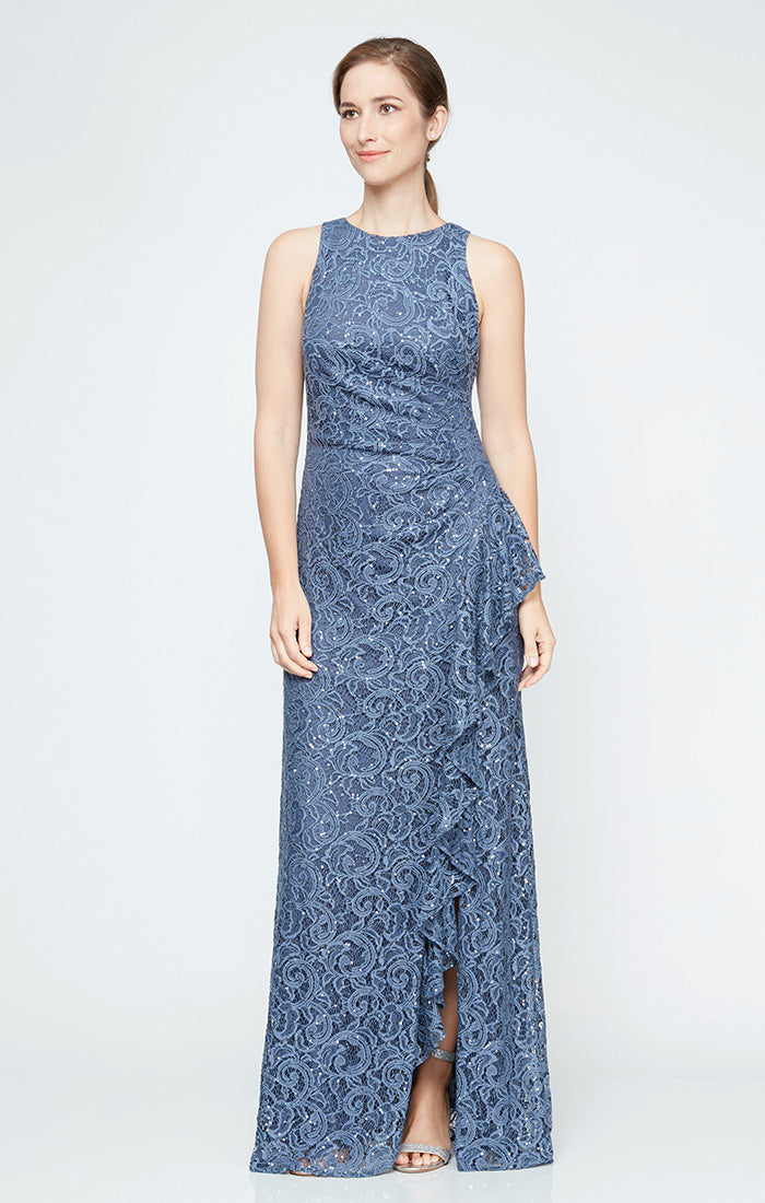 Long Sleeveless Sequin Lace Dress with Cascade Ruffle Front Slit Detail