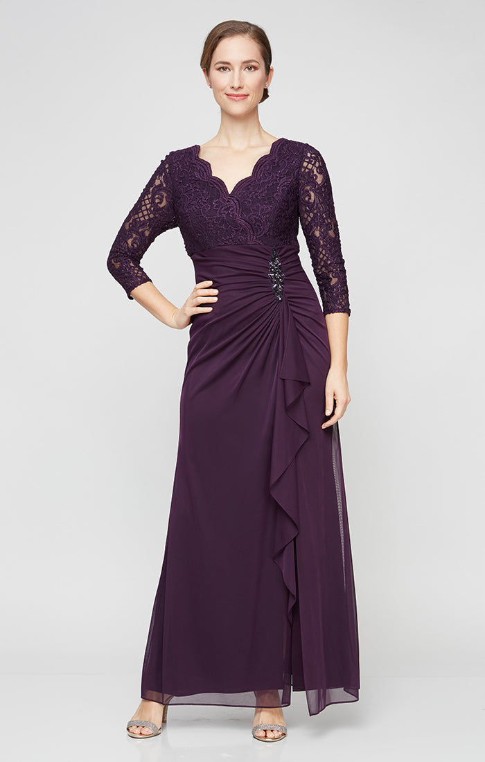 Empire Waist Lace & Mesh Dress with Surplice Neckline